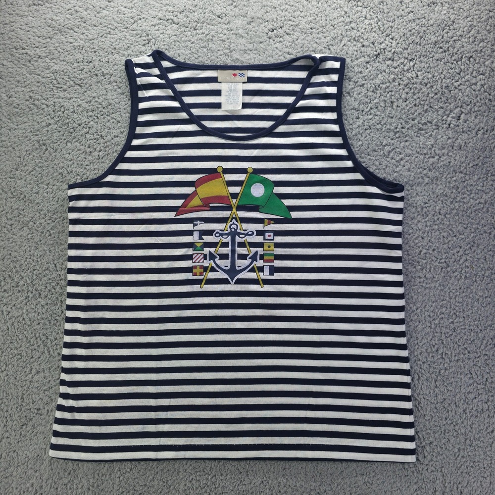 French Navy Nautical Striped Tank Top Anchor Flag Graphic Blue White Size 16 90s